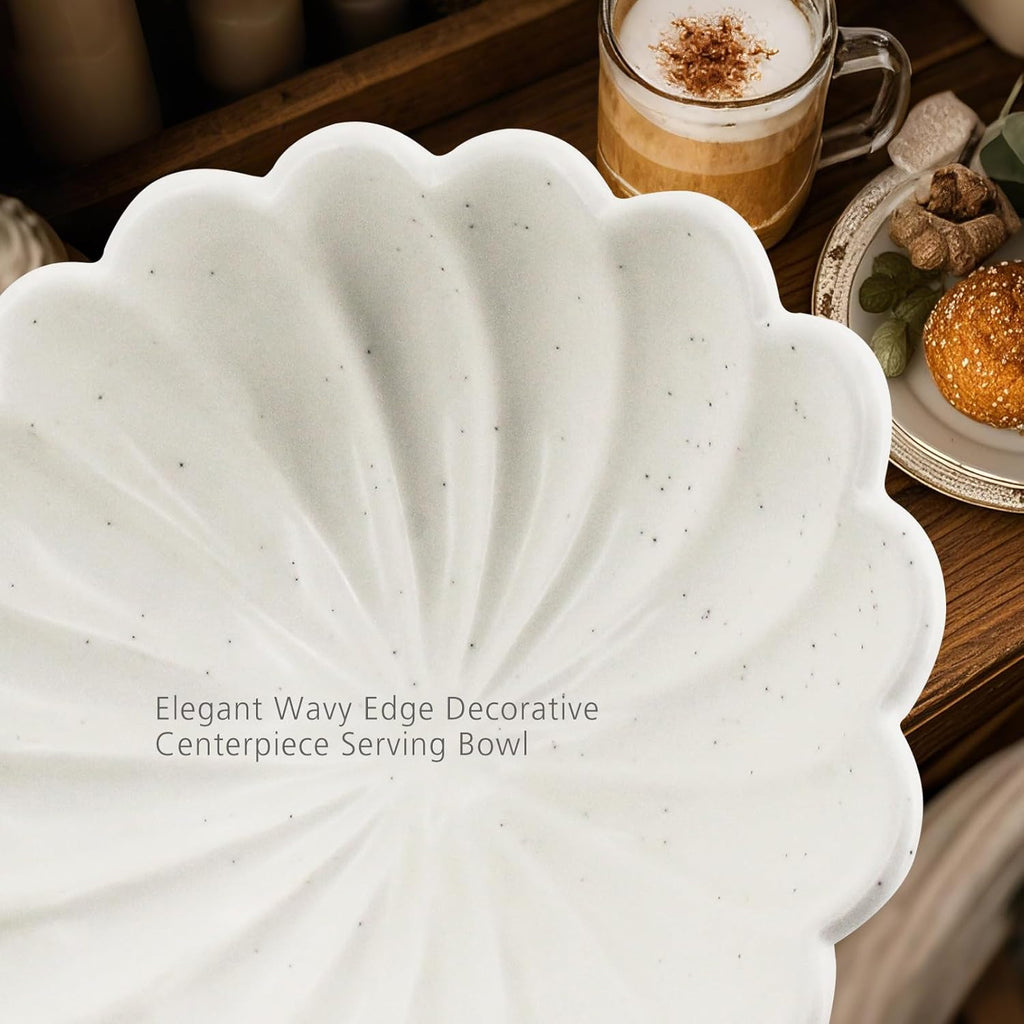 Accessoryway 8" White Fluted Scalloped Decorative Bowls -Moderate Ceramic Fruit Bowl for Kitchen Counter, Elegant Wavy Edge Centerpiece Bowls for Home Decor, Perfect for Housewarming &Wedding Gift